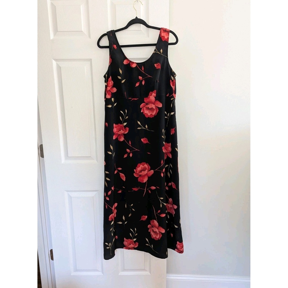 Vtg 90s Maxi Dress Black Red Floral Rose Sleeveless Sz 12 Whimsigoth Grunge